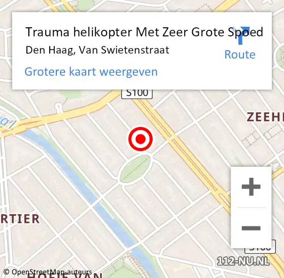 Locatie op kaart van de 112 melding: Trauma helikopter Met Zeer Grote Spoed Naar Den Haag, Van Swietenstraat op 16 september 2024 07:19