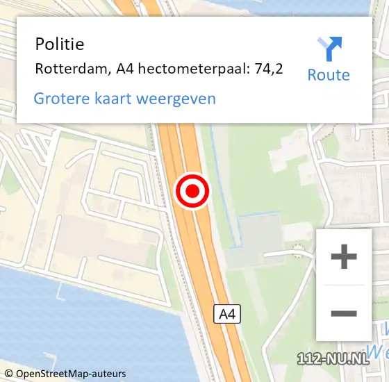 Locatie op kaart van de 112 melding: Politie Rotterdam, A4 hectometerpaal: 74,2 op 16 september 2024 07:40