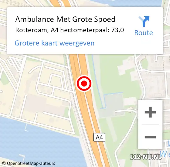 Locatie op kaart van de 112 melding: Ambulance Met Grote Spoed Naar Rotterdam, A4 hectometerpaal: 74,2 op 16 september 2024 07:41