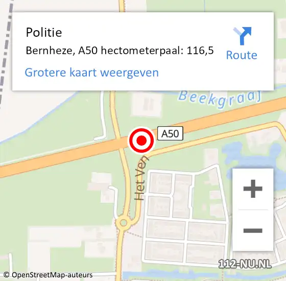 Locatie op kaart van de 112 melding: Politie Bernheze, A50 hectometerpaal: 116,5 op 16 september 2024 08:38