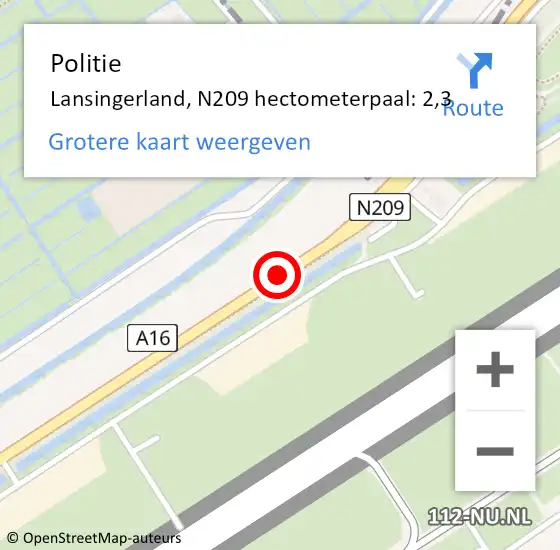 Locatie op kaart van de 112 melding: Politie Lansingerland, N209 hectometerpaal: 2,3 op 16 september 2024 08:47