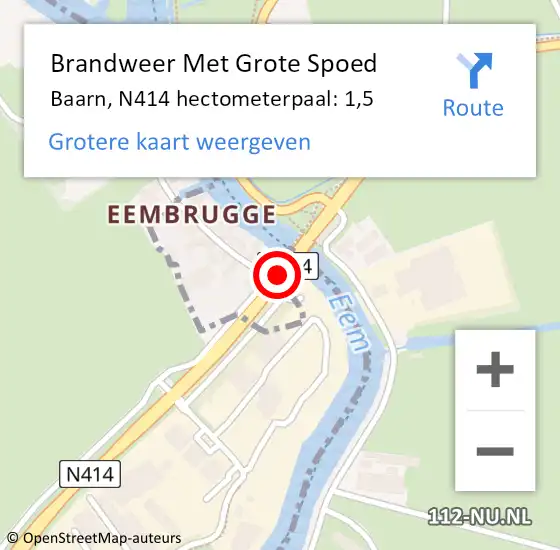 Locatie op kaart van de 112 melding: Brandweer Met Grote Spoed Naar Baarn, N414 hectometerpaal: 1,5 op 16 september 2024 09:43