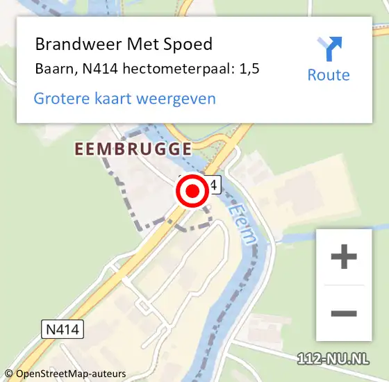 Locatie op kaart van de 112 melding: Brandweer Met Spoed Naar Baarn, N414 hectometerpaal: 1,5 op 16 september 2024 09:49