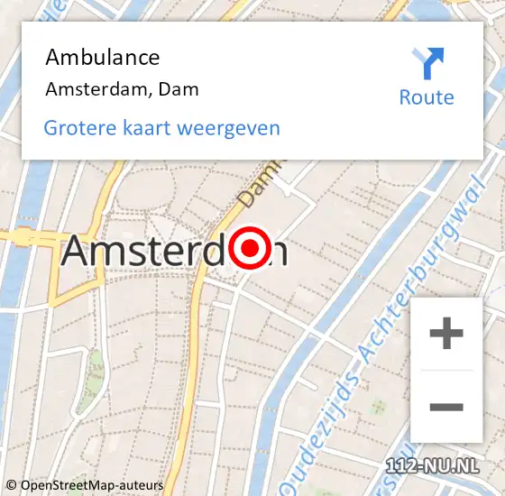 Locatie op kaart van de 112 melding: Ambulance Amsterdam, Dam op 16 september 2024 10:21