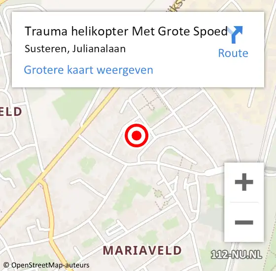 Locatie op kaart van de 112 melding: Trauma helikopter Met Grote Spoed Naar Susteren, Julianalaan op 16 september 2024 10:55