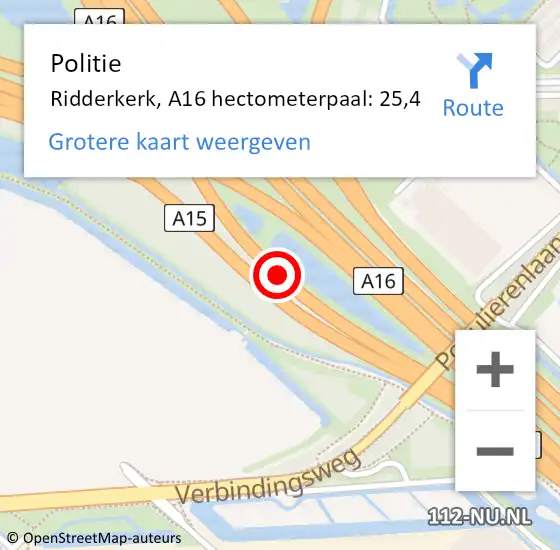 Locatie op kaart van de 112 melding: Politie Ridderkerk, A16 hectometerpaal: 25,4 op 16 september 2024 11:58