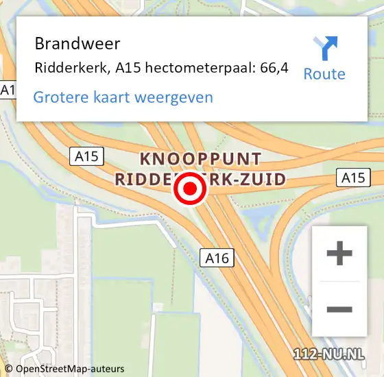 Locatie op kaart van de 112 melding: Brandweer Ridderkerk, A15 hectometerpaal: 66,4 op 16 september 2024 12:20