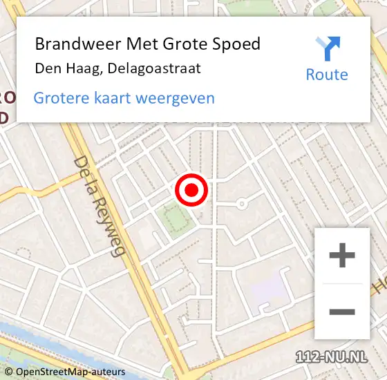 Locatie op kaart van de 112 melding: Brandweer Met Grote Spoed Naar Den Haag, Delagoastraat op 16 september 2024 12:53