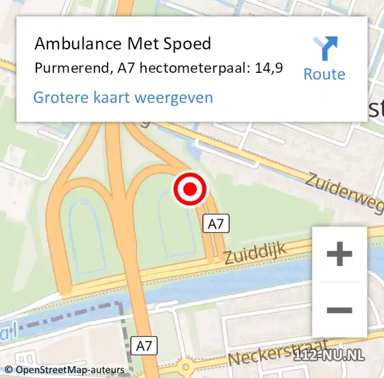 Locatie op kaart van de 112 melding: Ambulance Met Spoed Naar Purmerend, A7 hectometerpaal: 14,9 op 16 september 2024 13:34