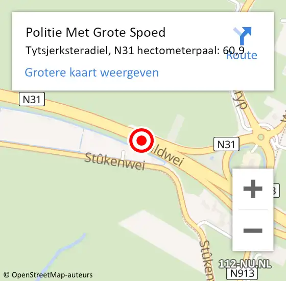 Locatie op kaart van de 112 melding: Politie Met Grote Spoed Naar Tytsjerksteradiel, N31 hectometerpaal: 60,9 op 16 september 2024 13:36