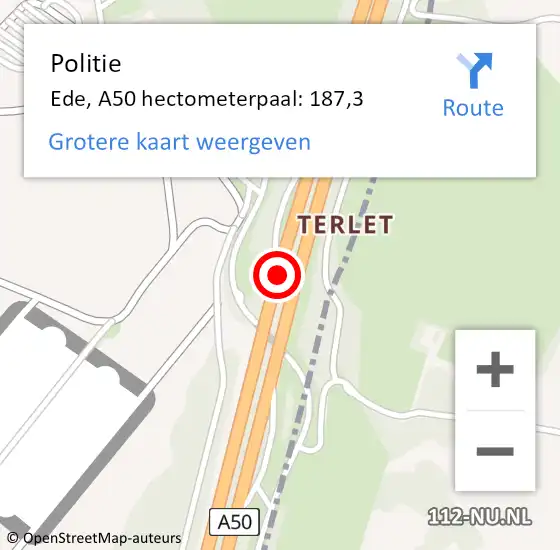 Locatie op kaart van de 112 melding: Politie Ede, A50 hectometerpaal: 187,3 op 16 september 2024 13:43