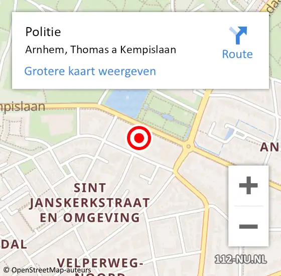 Locatie op kaart van de 112 melding: Politie Arnhem, Thomas a Kempislaan op 16 september 2024 14:01