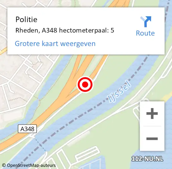 Locatie op kaart van de 112 melding: Politie Rheden, A348 hectometerpaal: 5 op 16 september 2024 14:02