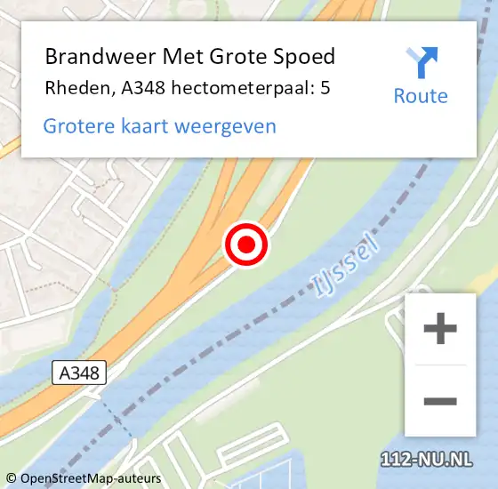 Locatie op kaart van de 112 melding: Brandweer Met Grote Spoed Naar Rheden, A348 hectometerpaal: 5 op 16 september 2024 14:04