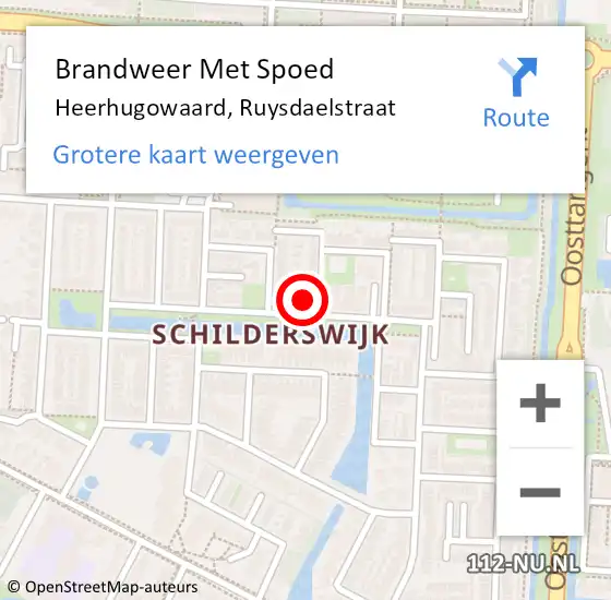 Locatie op kaart van de 112 melding: Brandweer Met Spoed Naar Heerhugowaard, Ruysdaelstraat op 16 september 2024 14:45