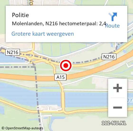 Locatie op kaart van de 112 melding: Politie Molenlanden, N216 hectometerpaal: 2,4 op 16 september 2024 15:03