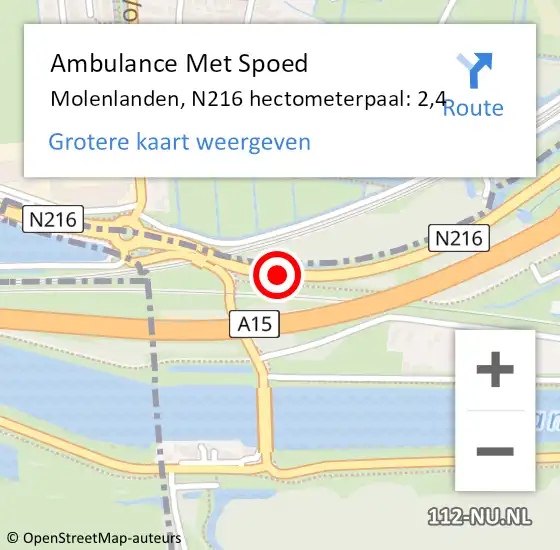 Locatie op kaart van de 112 melding: Ambulance Met Spoed Naar Molenlanden, N216 hectometerpaal: 2,4 op 16 september 2024 15:03