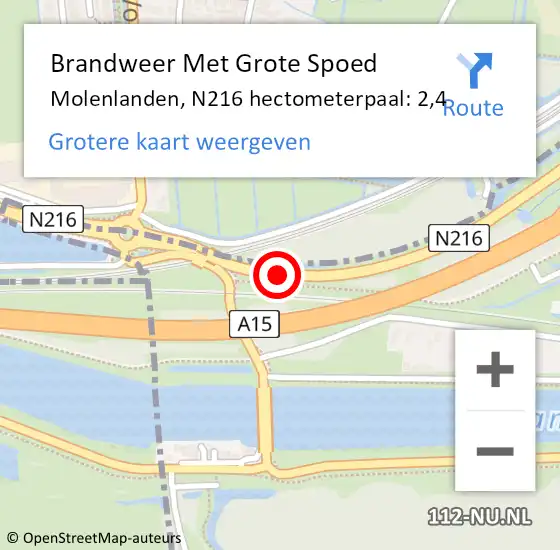 Locatie op kaart van de 112 melding: Brandweer Met Grote Spoed Naar Molenlanden, N216 hectometerpaal: 2,4 op 16 september 2024 15:03