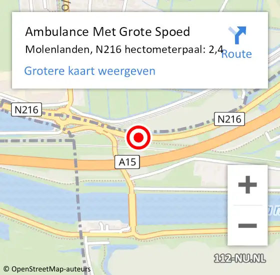 Locatie op kaart van de 112 melding: Ambulance Met Grote Spoed Naar Molenlanden, N216 hectometerpaal: 2,4 op 16 september 2024 15:18