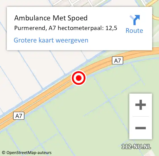 Locatie op kaart van de 112 melding: Ambulance Met Spoed Naar Purmerend, A7 hectometerpaal: 12,5 op 16 september 2024 15:43