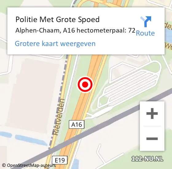 Locatie op kaart van de 112 melding: Politie Met Grote Spoed Naar Alphen-Chaam, A16 hectometerpaal: 72 op 16 september 2024 15:54