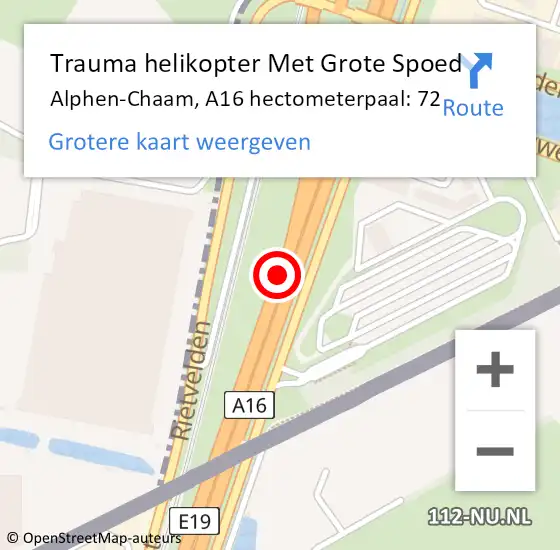 Locatie op kaart van de 112 melding: Trauma helikopter Met Grote Spoed Naar Alphen-Chaam, A16 hectometerpaal: 72 op 16 september 2024 15:58