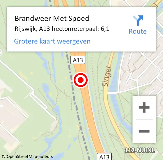 Locatie op kaart van de 112 melding: Brandweer Met Spoed Naar Rijswijk, A13 hectometerpaal: 6,1 op 16 september 2024 16:02