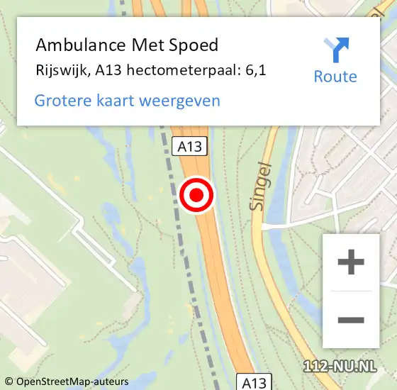 Locatie op kaart van de 112 melding: Ambulance Met Spoed Naar Rijswijk, A13 hectometerpaal: 6,1 op 16 september 2024 16:06