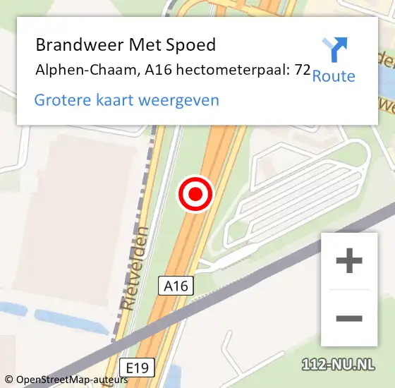 Locatie op kaart van de 112 melding: Brandweer Met Spoed Naar Alphen-Chaam, A16 hectometerpaal: 72 op 16 september 2024 16:22