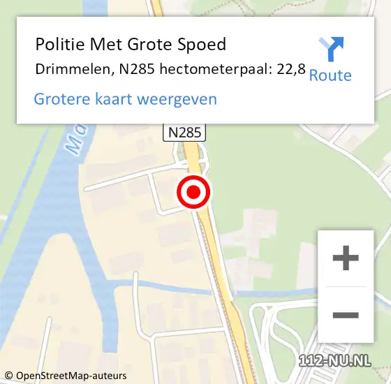 Locatie op kaart van de 112 melding: Politie Met Grote Spoed Naar Drimmelen, N285 hectometerpaal: 22,8 op 16 september 2024 16:31