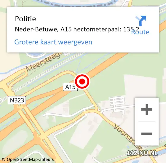 Locatie op kaart van de 112 melding: Politie Neder-Betuwe, A15 hectometerpaal: 135,2 op 16 september 2024 16:33