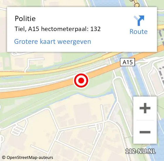 Locatie op kaart van de 112 melding: Politie Tiel, A15 hectometerpaal: 132 op 16 september 2024 16:34