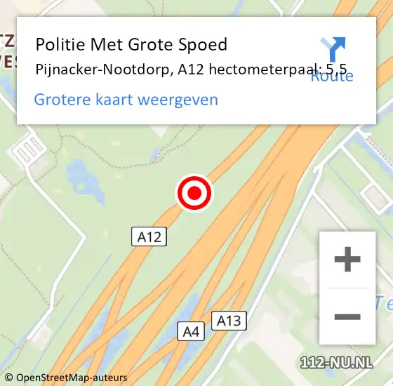 Locatie op kaart van de 112 melding: Politie Met Grote Spoed Naar Pijnacker-Nootdorp, A12 hectometerpaal: 5,5 op 16 september 2024 16:47