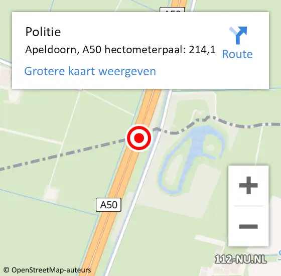 Locatie op kaart van de 112 melding: Politie Apeldoorn, A50 hectometerpaal: 214,1 op 16 september 2024 16:55