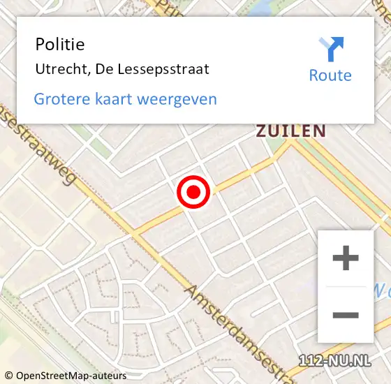 Locatie op kaart van de 112 melding: Politie Utrecht, De Lessepsstraat op 16 september 2024 17:23