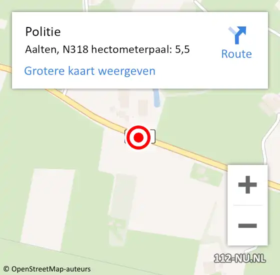 Locatie op kaart van de 112 melding: Politie Aalten, N318 hectometerpaal: 5,5 op 16 september 2024 17:28