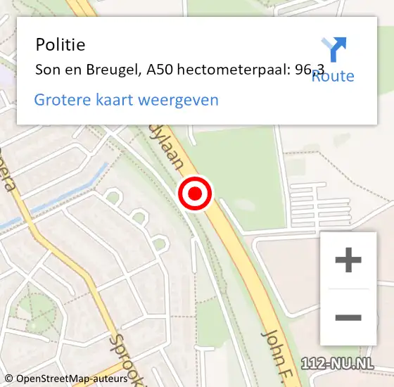 Locatie op kaart van de 112 melding: Politie Son en Breugel, A50 hectometerpaal: 96,3 op 16 september 2024 17:36