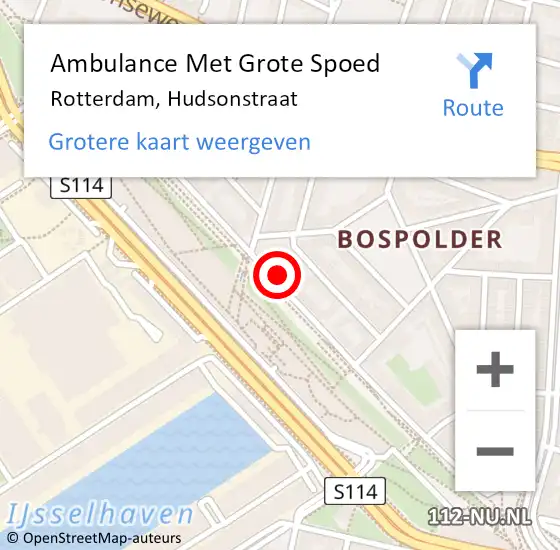 Locatie op kaart van de 112 melding: Ambulance Met Grote Spoed Naar Rotterdam, Hudsonstraat op 16 september 2024 18:27