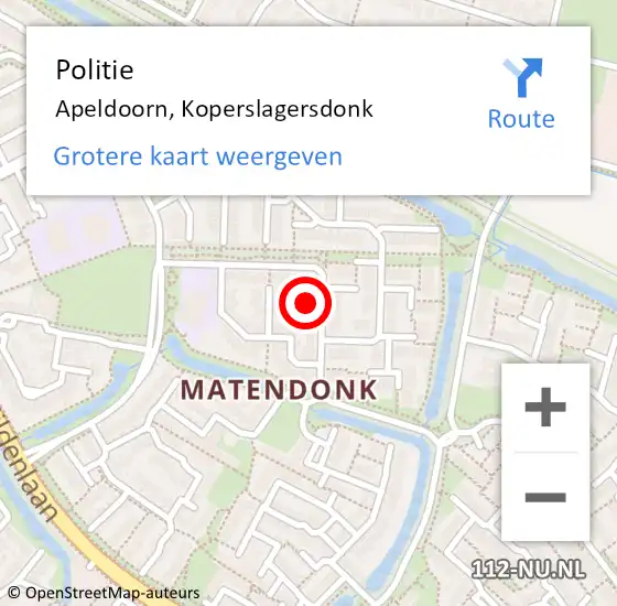 Locatie op kaart van de 112 melding: Politie Apeldoorn, Koperslagersdonk op 16 september 2024 18:56