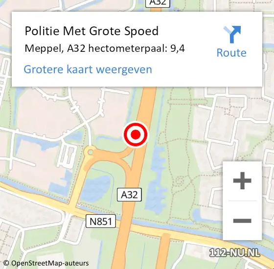 Locatie op kaart van de 112 melding: Politie Met Grote Spoed Naar Meppel, A32 hectometerpaal: 9,4 op 16 september 2024 19:16