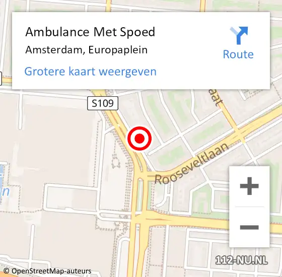 Locatie op kaart van de 112 melding: Ambulance Met Spoed Naar Amsterdam, Europaplein op 16 september 2024 19:47