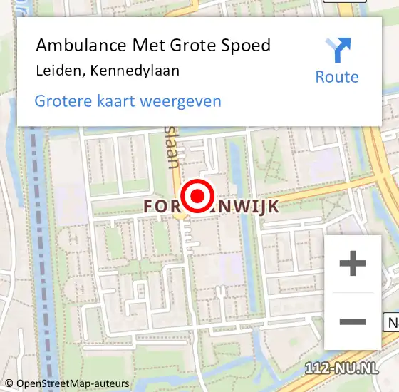 Locatie op kaart van de 112 melding: Ambulance Met Grote Spoed Naar Leiden, Kennedylaan op 16 september 2024 20:54