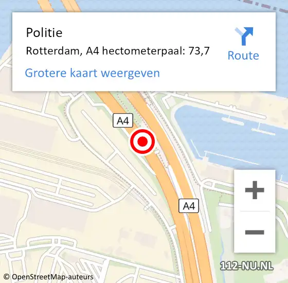 Locatie op kaart van de 112 melding: Politie Rotterdam, A4 hectometerpaal: 73,7 op 16 september 2024 21:38