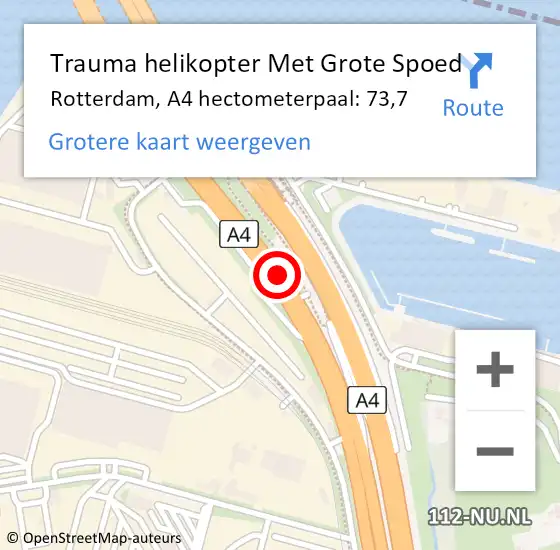 Locatie op kaart van de 112 melding: Trauma helikopter Met Grote Spoed Naar Rotterdam, A4 hectometerpaal: 73,7 op 16 september 2024 21:40