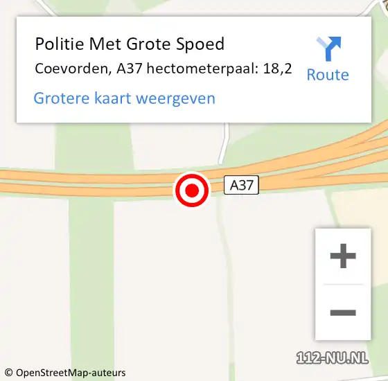 Locatie op kaart van de 112 melding: Politie Met Grote Spoed Naar Coevorden, A37 hectometerpaal: 18,2 op 16 september 2024 22:08