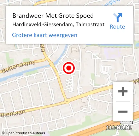 Locatie op kaart van de 112 melding: Brandweer Met Grote Spoed Naar Hardinxveld-Giessendam, Talmastraat op 17 september 2024 01:12