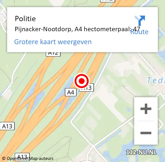 Locatie op kaart van de 112 melding: Politie Pijnacker-Nootdorp, A4 hectometerpaal: 47 op 17 september 2024 05:18