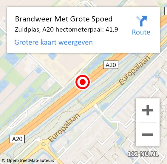 Locatie op kaart van de 112 melding: Brandweer Met Grote Spoed Naar Zuidplas, A20 hectometerpaal: 41,9 op 17 september 2024 06:40