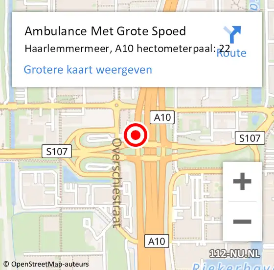 Locatie op kaart van de 112 melding: Ambulance Met Grote Spoed Naar Haarlemmermeer, A10 hectometerpaal: 22 op 17 september 2024 07:25