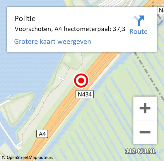 Locatie op kaart van de 112 melding: Politie Voorschoten, A4 hectometerpaal: 37,3 op 17 september 2024 07:59